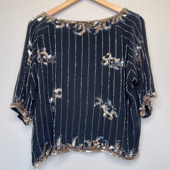 Argenti VTG Embellished Sequin Beaded Glam Dolman Sleeve Asymmetrical Hem Blouse - Picture 4 of 15